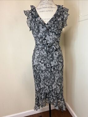 Floral Midi Dress Black 100% Sheer Silk Asymmetrical Size 10 - delicate and femi